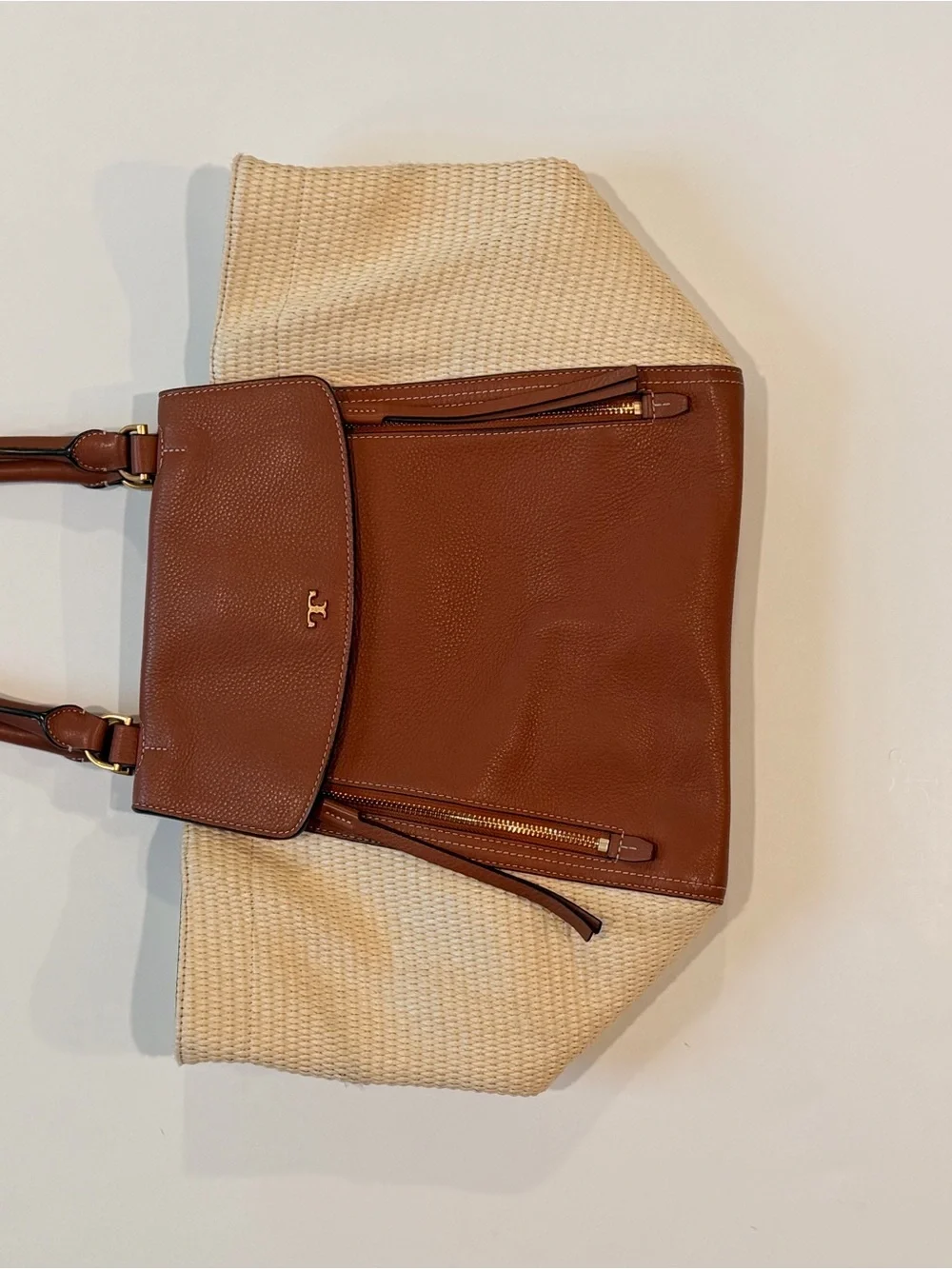 Tory Burch Half-Moon Straw & Leather Coastal Satchel Tote Bag - Tan/Cream